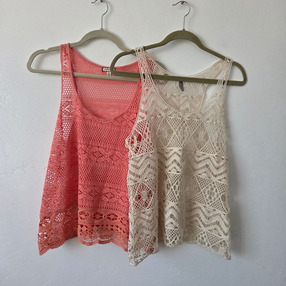Bundle Of Two Lace Crochet Tank Tops Sheer Festival Layering Cottagecore Medium